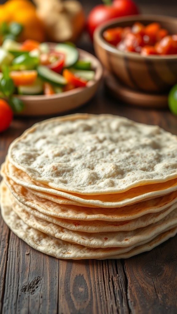 A stack of whole wheat tortillas on a wooden table, surrounded by fresh vegetables and salsa.